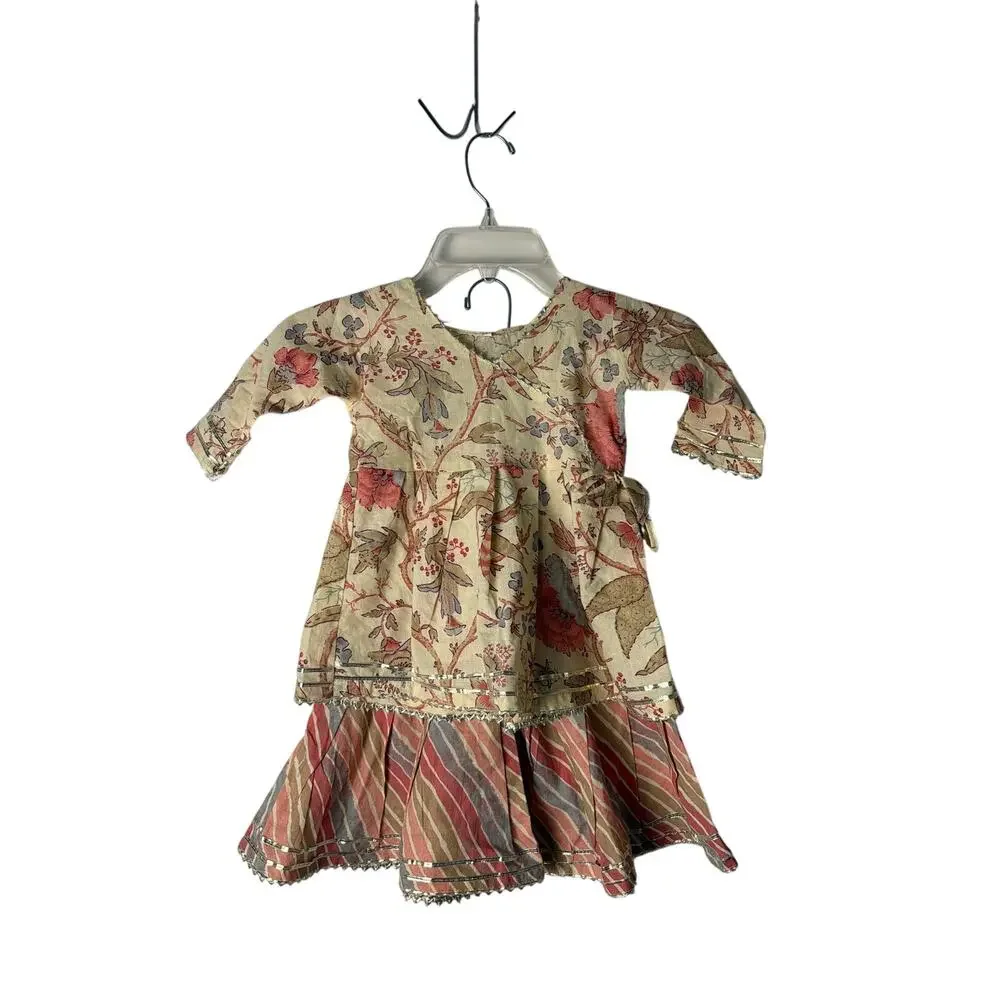 Girls Floral Print Lehenga Choli Suit Set Size 2T Beige Red Ethnic Ghagra